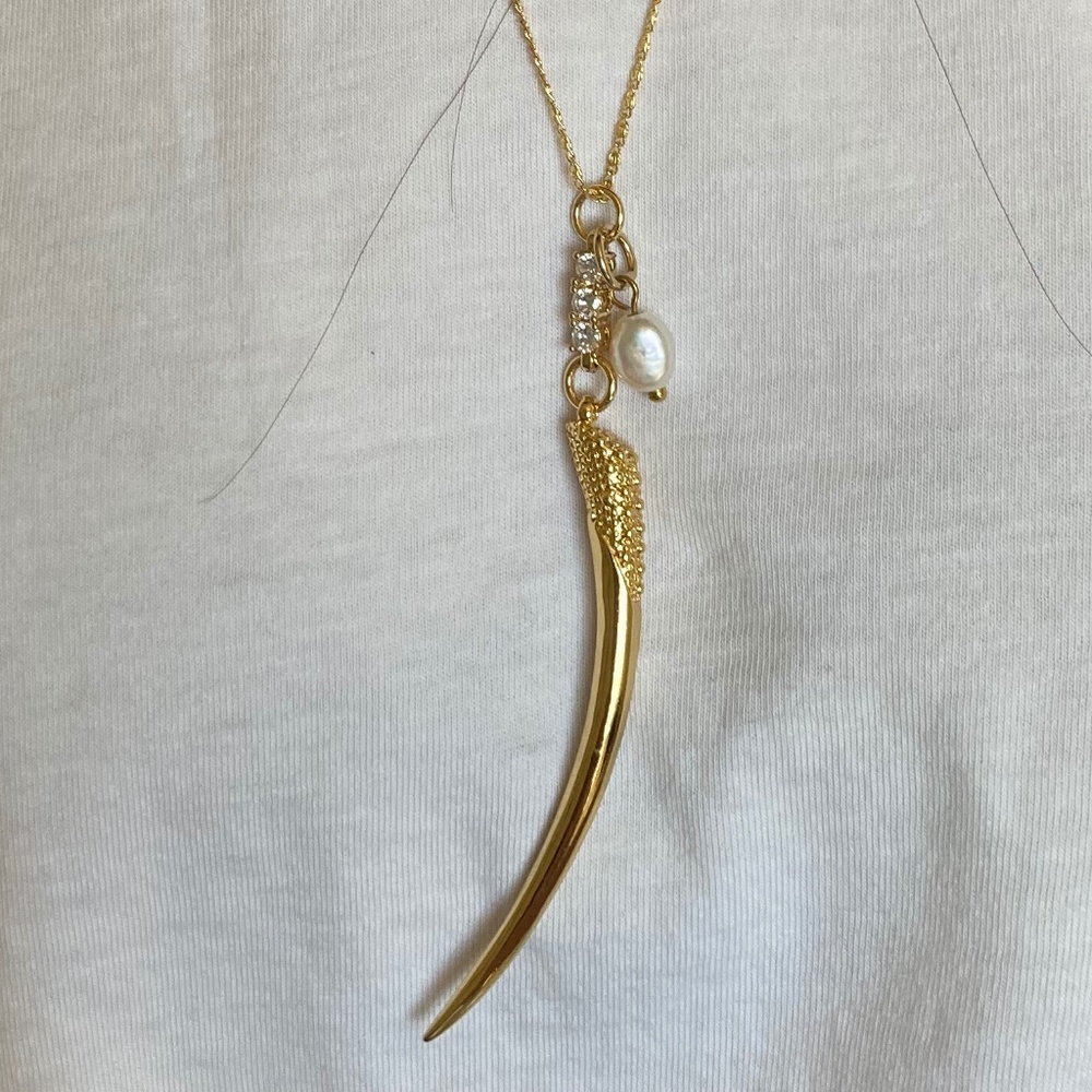 Vanessa Mooney gold tusk horn hoop necklace pearl statement pendant cz pearl